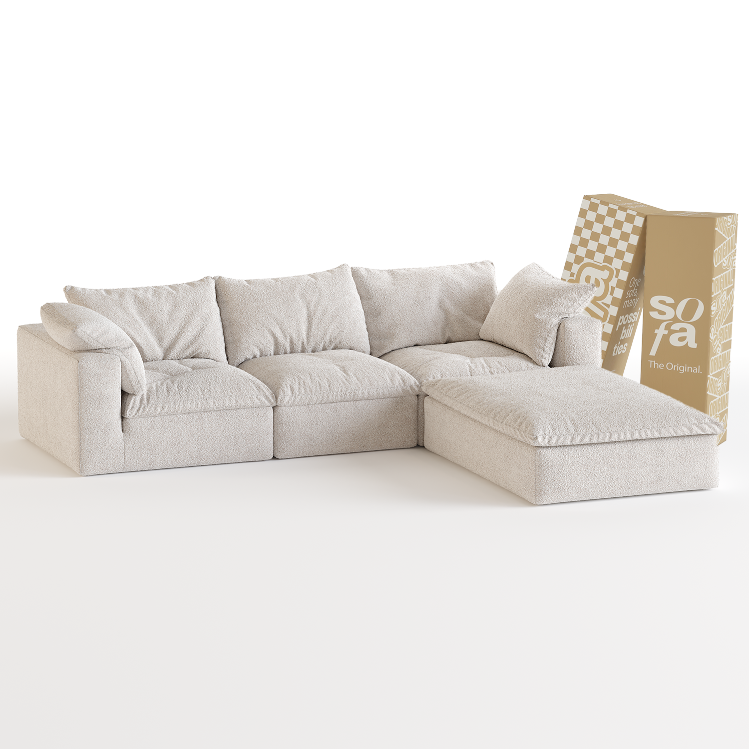 <tc>Sofa na Caixa</tc> Siena 3 lugares + 1 Chaise em Boucle - Linho