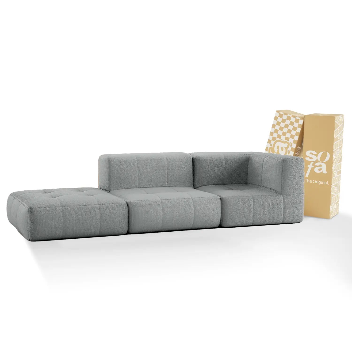 <tc>Sofa na Caixa</tc>  <tc>modular</tc> 2 Lugares em Bouclé 1 Braço com Chaise - Cinza