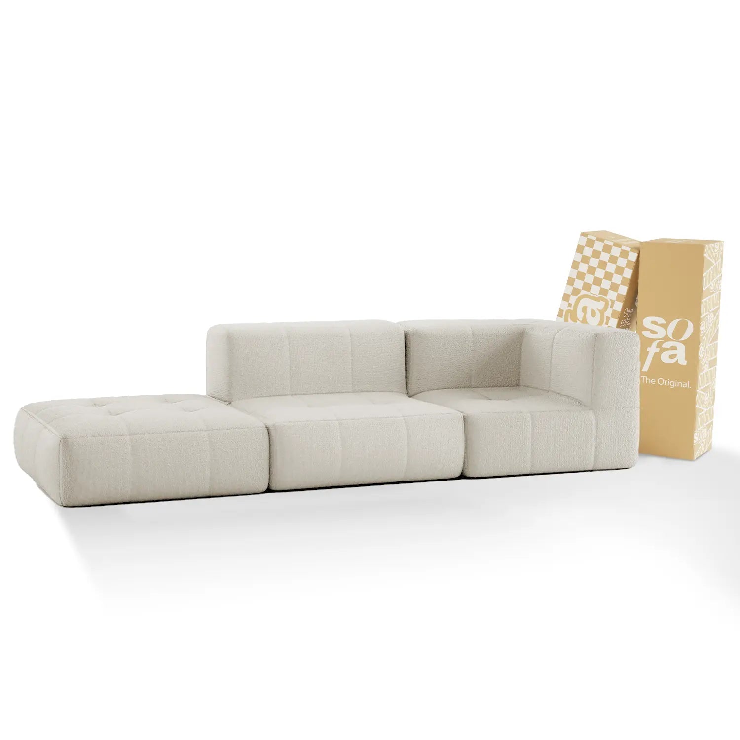 <tc>Sofa na Caixa</tc>  <tc>modular</tc> 2 Lugares em Bouclé 1 Braço com Chaise - Linho