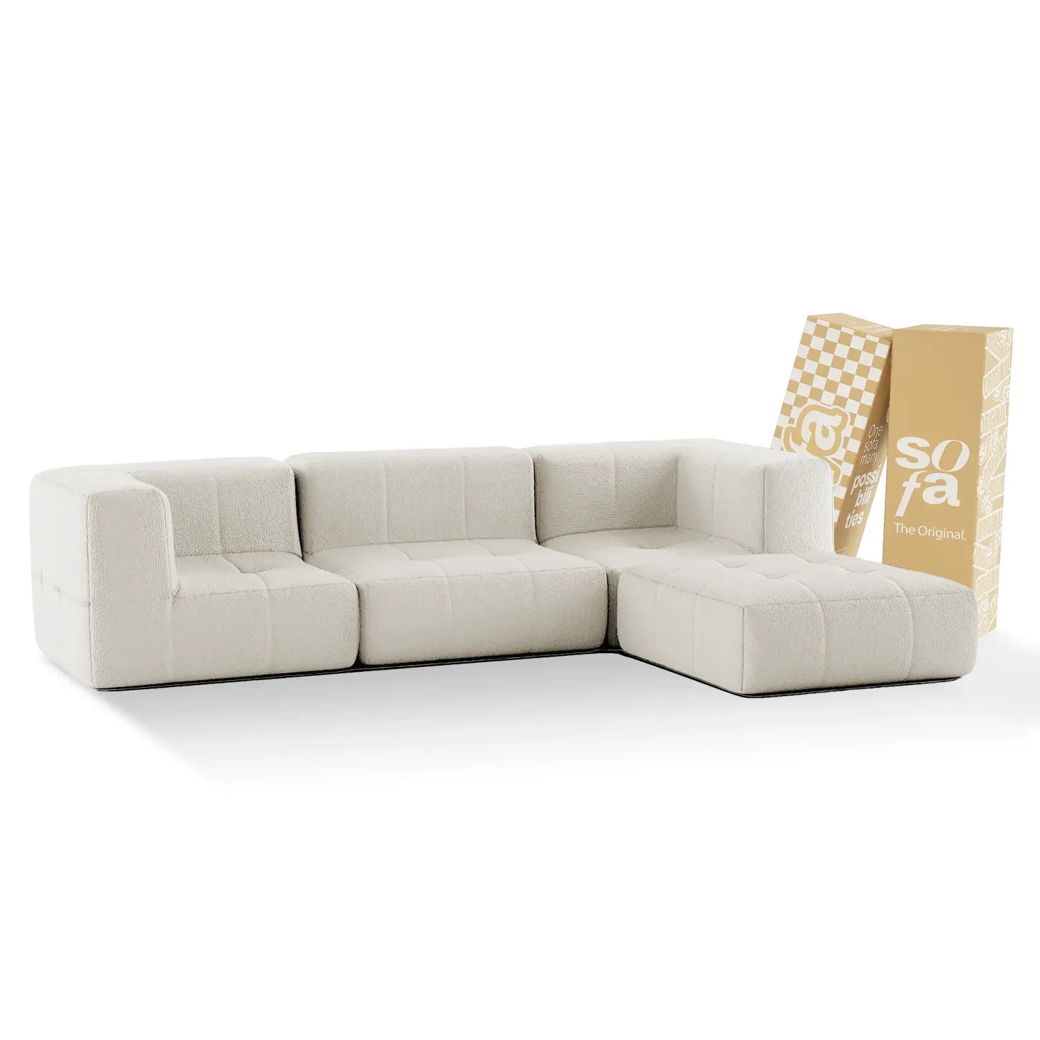 <tc>Sofa na Caixa</tc>  <tc>modular</tc> 3 Lugares em Bouclé 2 Braços com Chaise - Linho