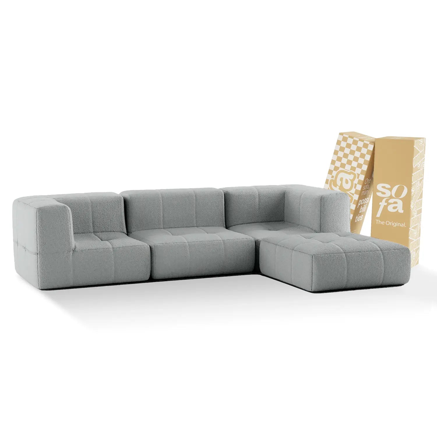 <tc>Sofa na Caixa</tc>  <tc>modular</tc> 3 Lugares em Bouclé 2 Braços com Chaise - Cinza