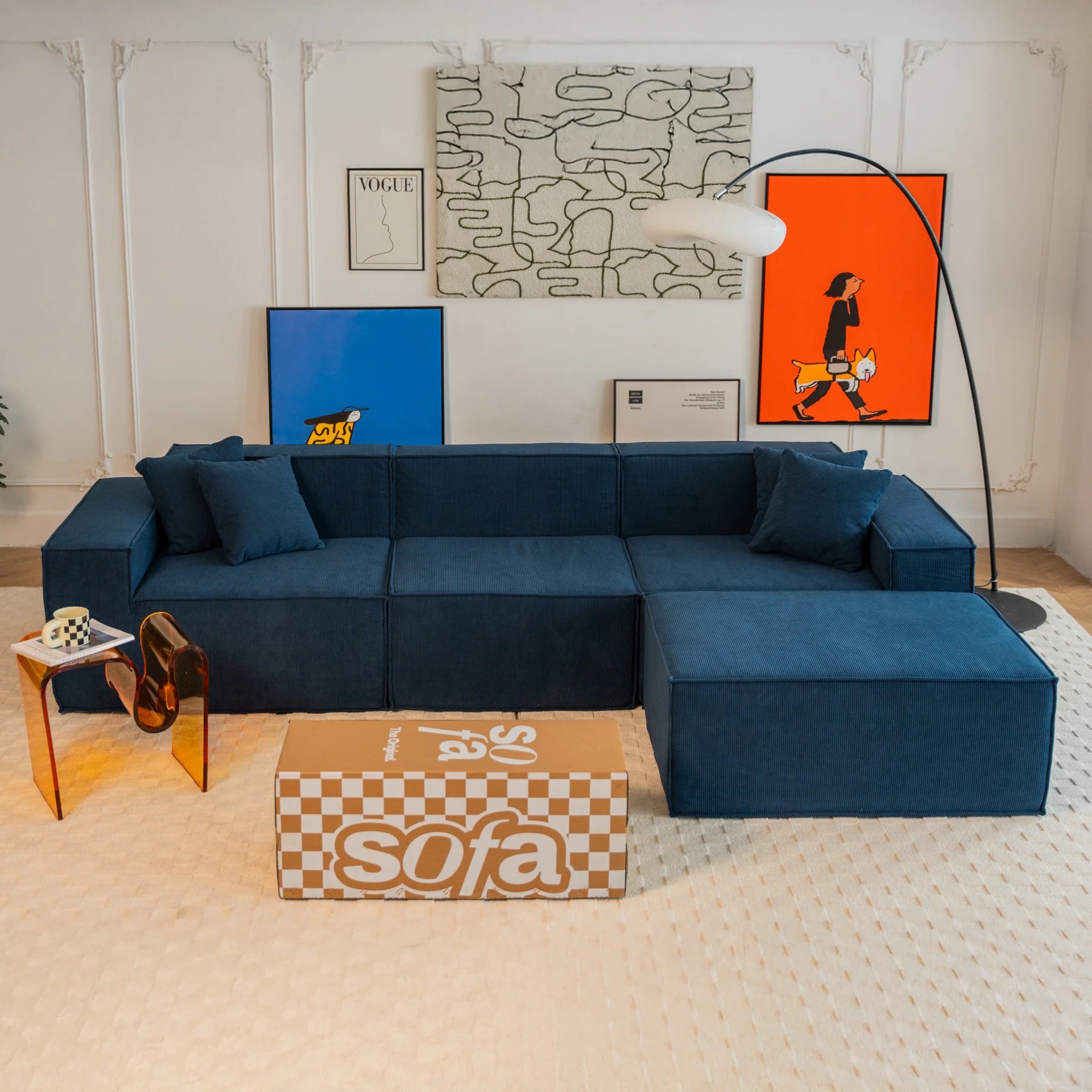 <tc>Sofa na Caixa</tc>  <tc>Pelion</tc> 3 lugares + 1 espreguiçadeira em Boucle - Azul