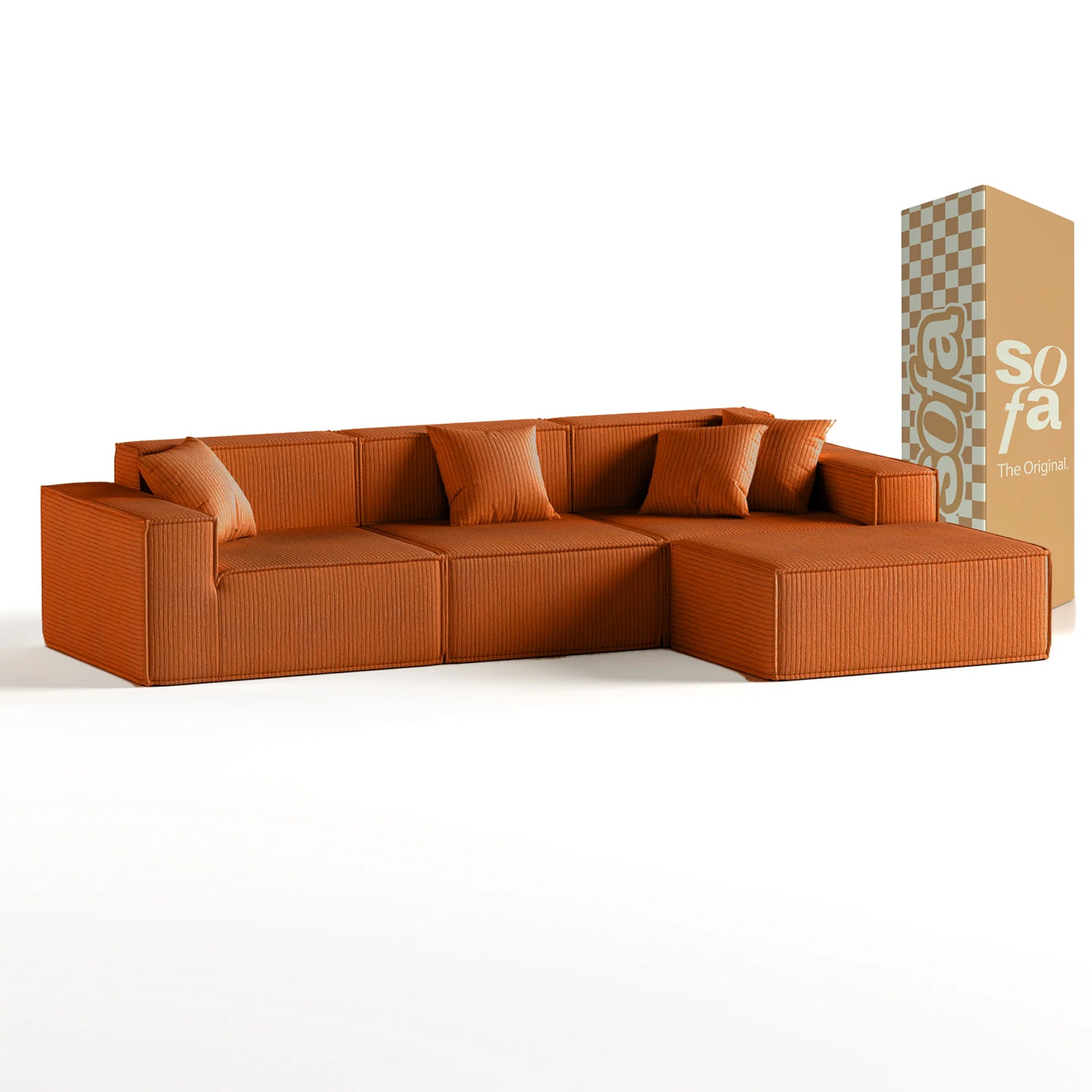 <tc>Sofa na Caixa</tc>  <tc>Pelion</tc> 3 lugares + 1 espreguiçadeira em Boucle - Laranja