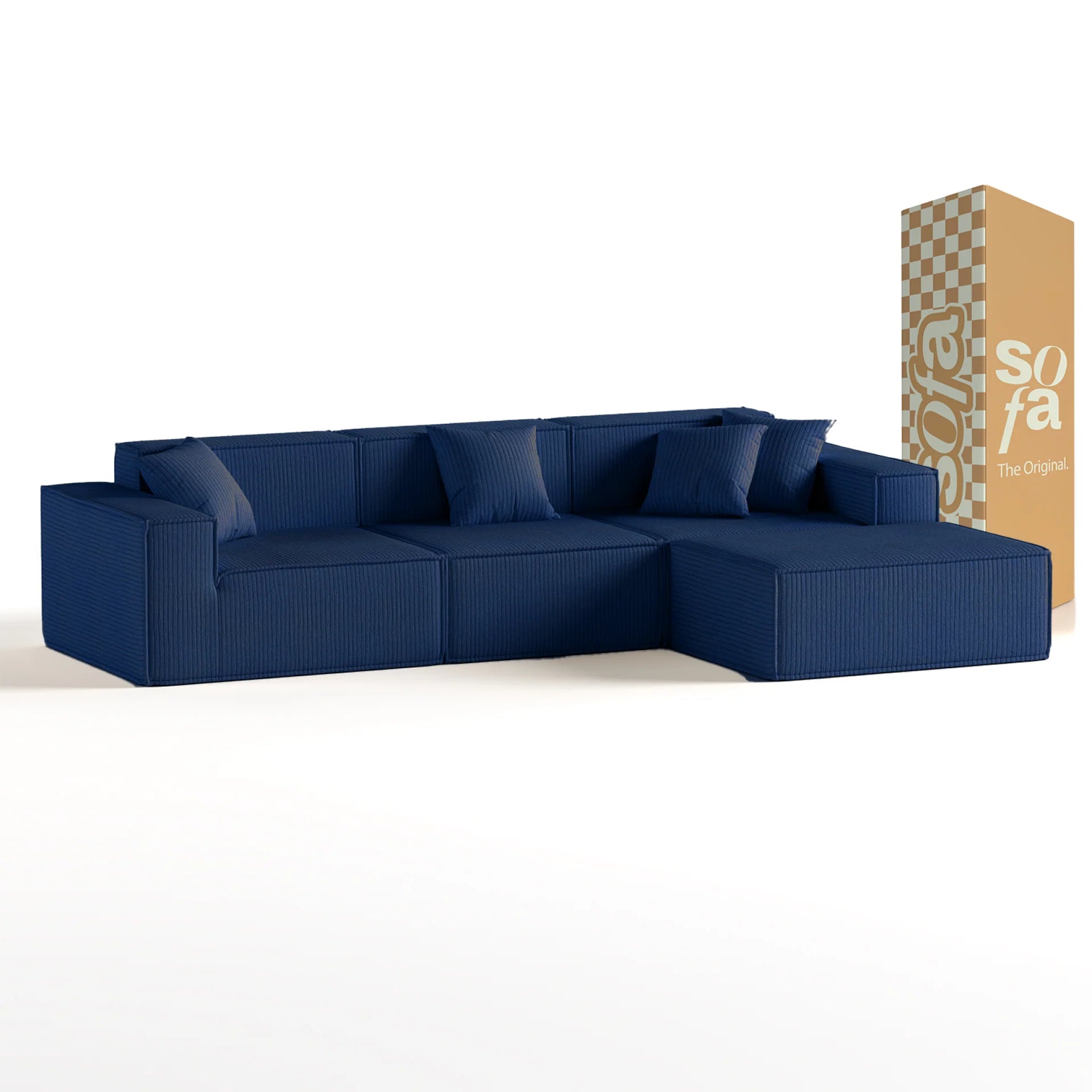 <tc>Sofa na Caixa</tc>  <tc>Pelion</tc> 3 lugares + 1 espreguiçadeira em Boucle - Azul